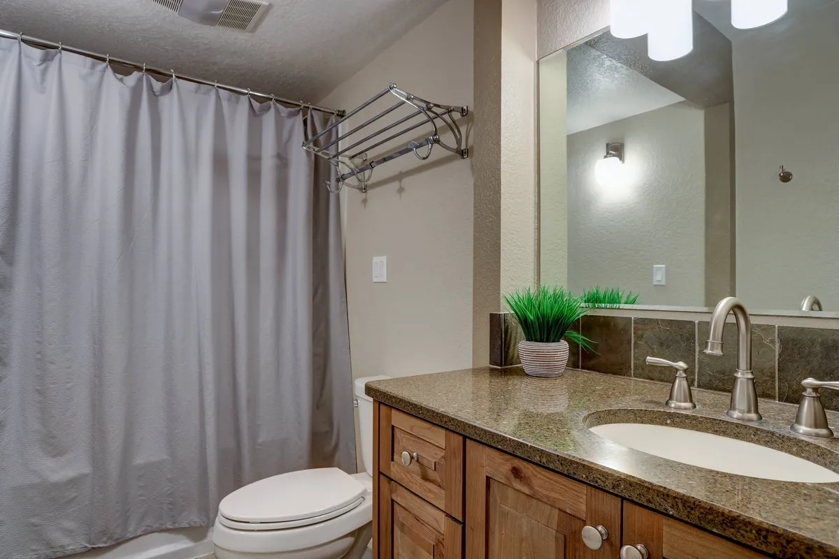 A modern bathroom with a clean vanity and sink, a framed mirror, and a stylish shower curtain. The setting feels fresh and revitalizing, supporting daily routines and spa-like moments.